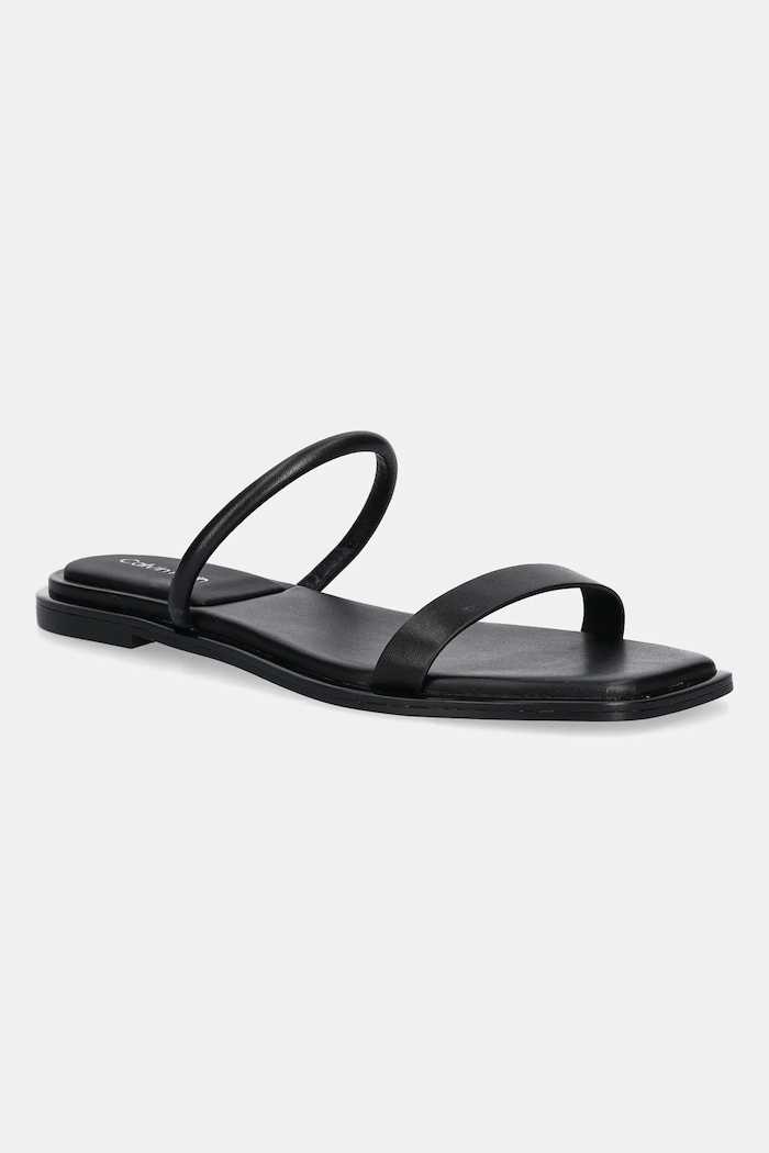Calvin Klein ciabatte slide in pelle FLAT SANDAL SQUARED 2-BAR LTH pelle fiore nero HW0HW02532