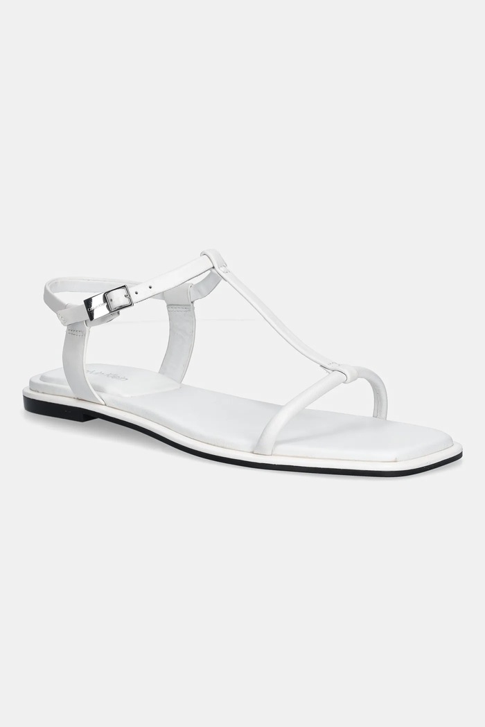 Calvin Klein sandały skórzane FLAT SANDAL SQUARED BUCKLE LTH płaski biały HW0HW02556