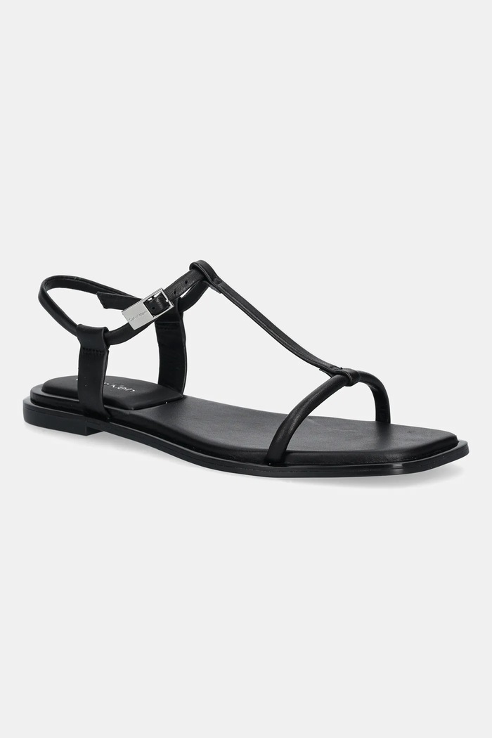 Calvin Klein sandały skórzane FLAT SANDAL SQUARED BUCKLE LTH płaski czarny HW0HW02556
