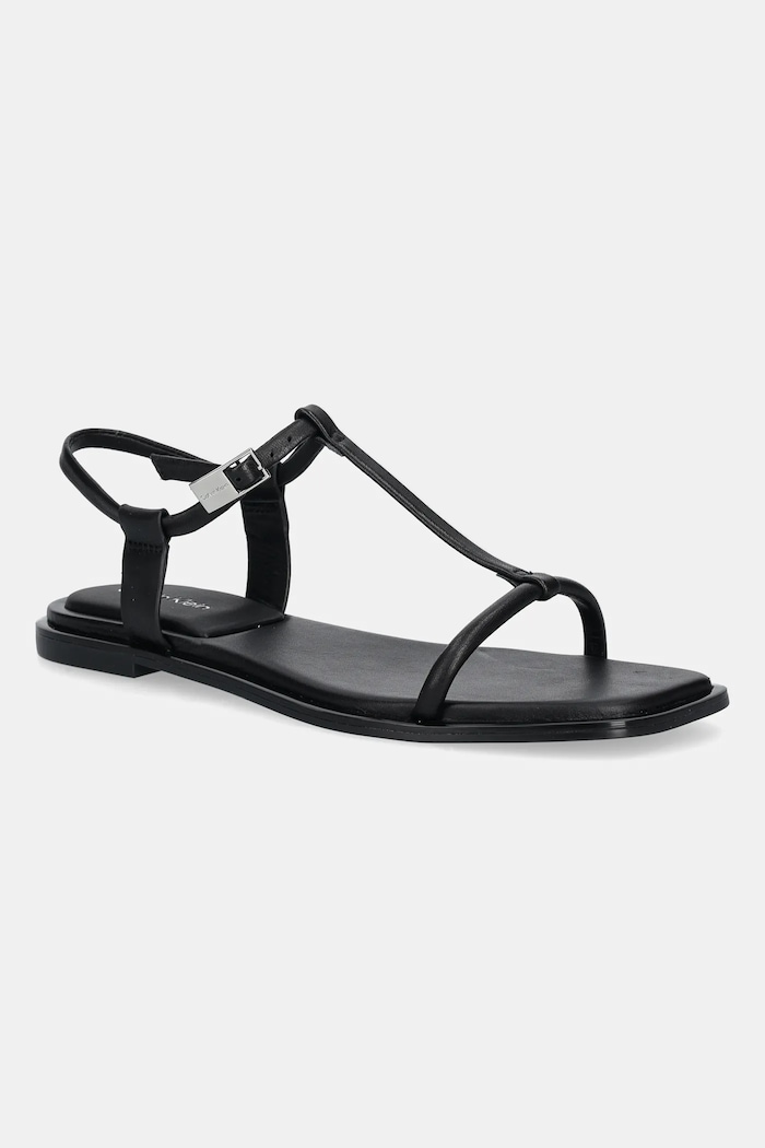 Calvin Klein sandały skórzane FLAT SANDAL SQUARED BUCKLE LTH płaski czarny HW0HW02556