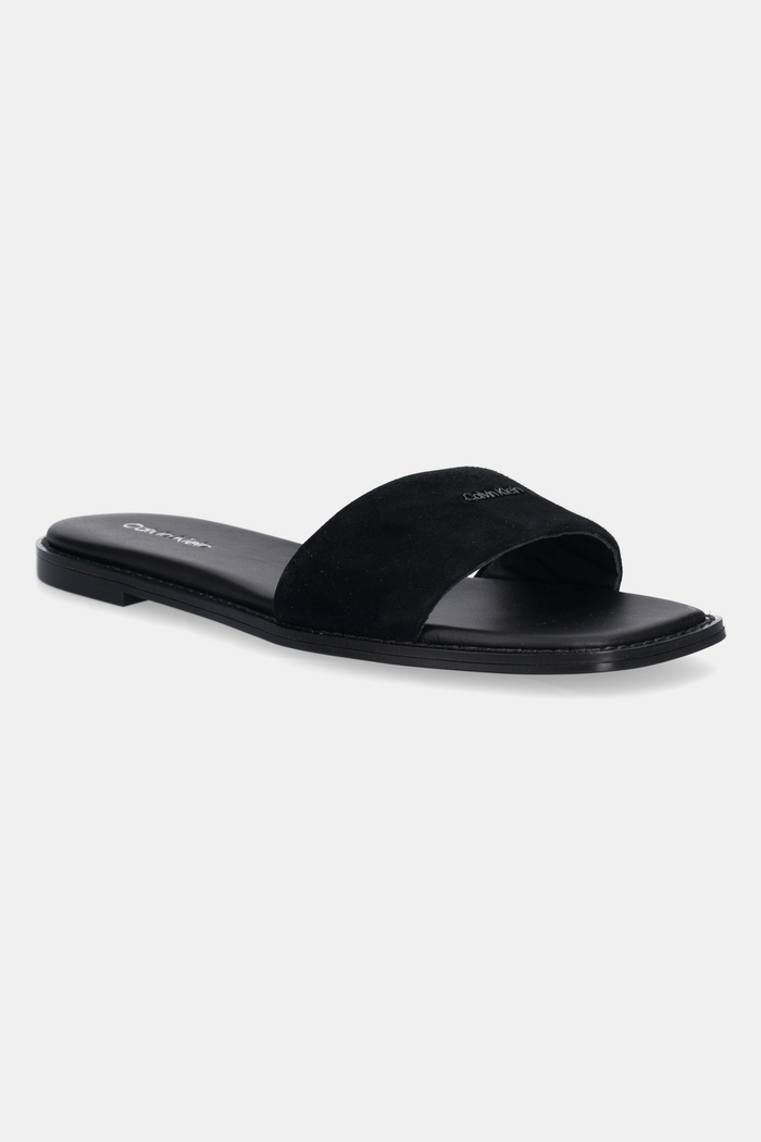 Calvin Klein papuci din piele FLAT SANDAL SQUARED HF SUE piele întoarsă negru HW0HW02557
