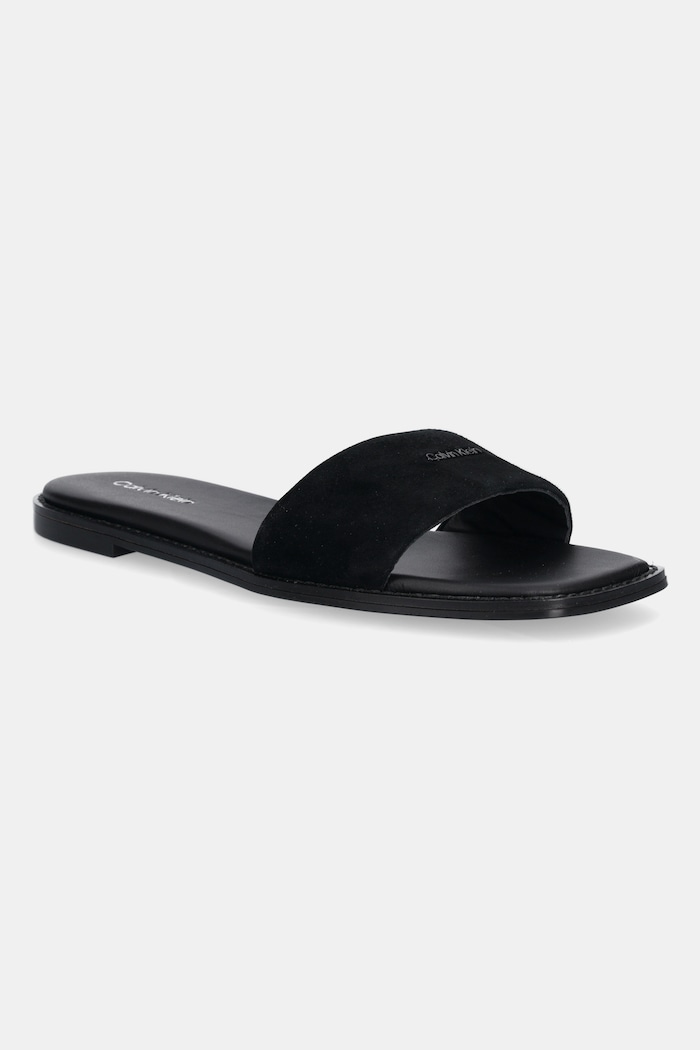 Calvin Klein papuci din piele FLAT SANDAL SQUARED HF SUE piele întoarsă negru HW0HW02557