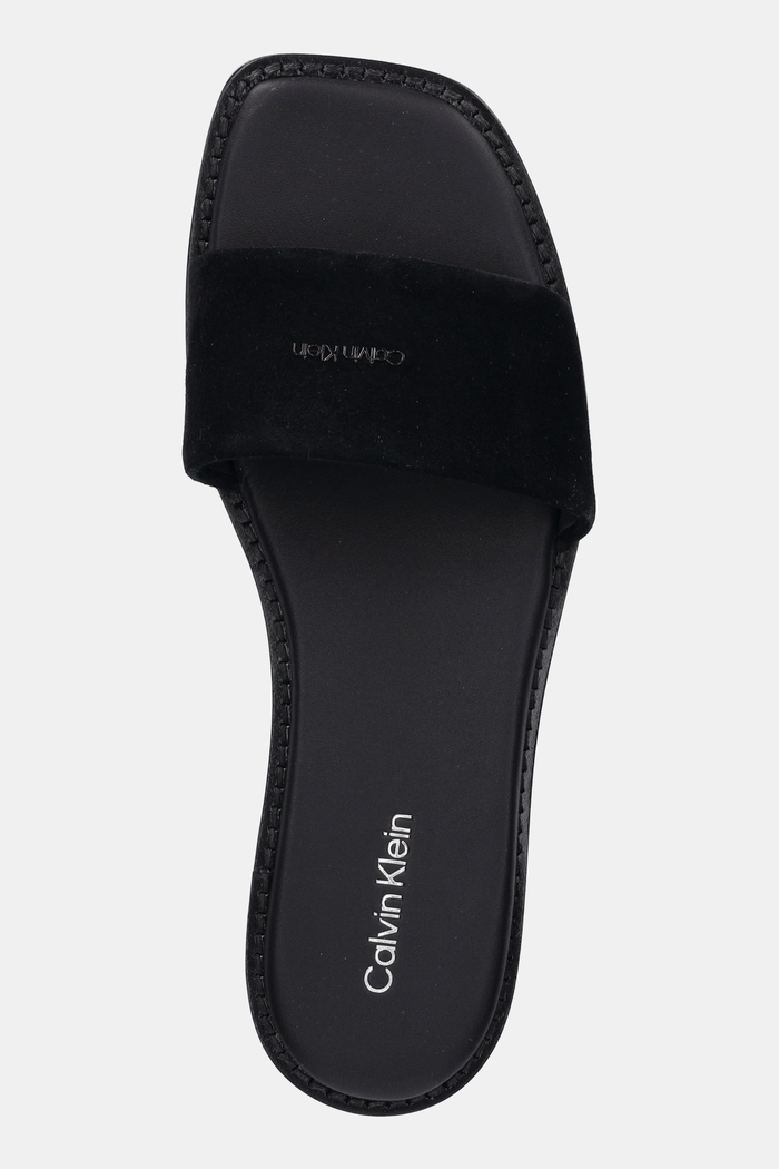 Calvin Klein papuci din piele FLAT SANDAL SQUARED HF SUE negru HW0HW02557