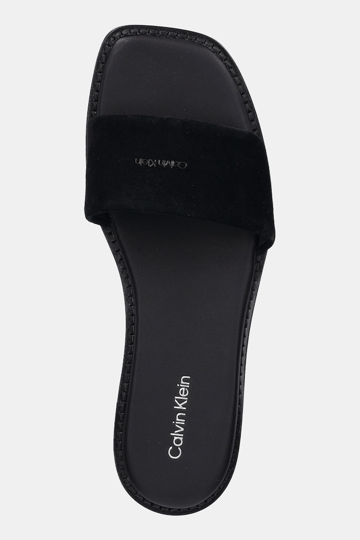 Calvin Klein papuci din piele FLAT SANDAL SQUARED HF SUE negru HW0HW02557