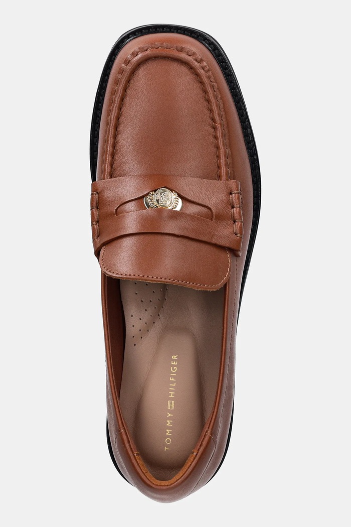 Kožené mokasíny Tommy Hilfiger CREST SQUARISH TOE PENNY LOAFER hnědá FW0FW08633