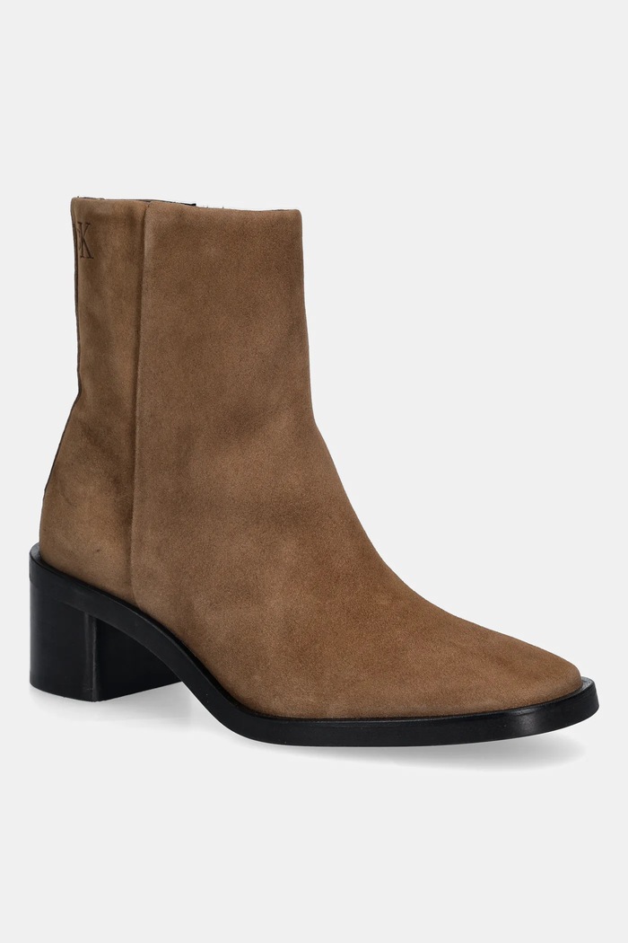 Semišové topánky Calvin Klein BLOCK HEEL ZIP BOOT SUE semišová koža hnedá HW0HW02592