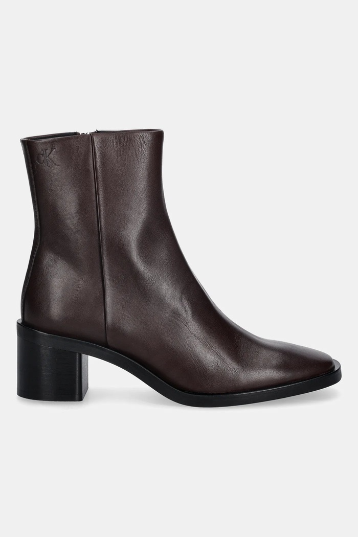 Kožené členkové topánky Calvin Klein BLOCK HEEL ZIP BOOT LTH HW0HW02593 hnedá NC25