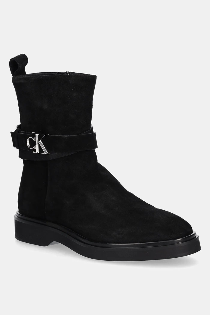 Calvin Klein cizme din piele întoarsă ANKLE BOOT W/ METAL LOGO SUE neizolat negru HW0HW02664
