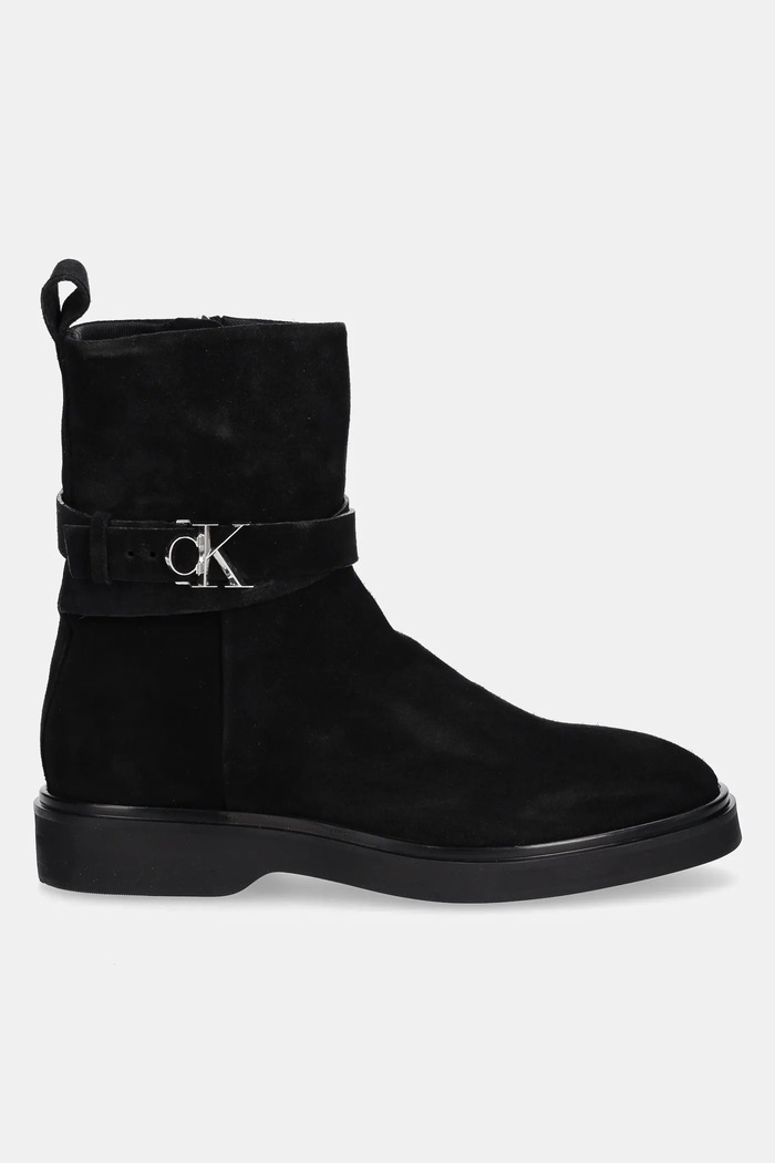 Calvin Klein cizme din piele întoarsă ANKLE BOOT W/ METAL LOGO SUE HW0HW02664 negru NC25