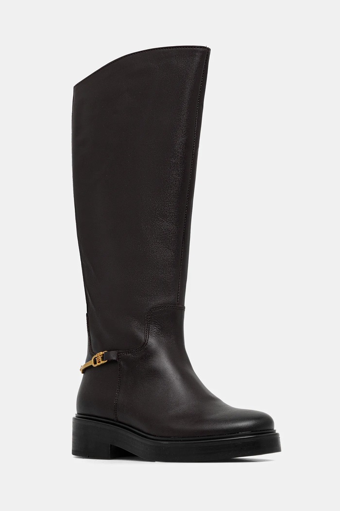 Tommy Hilfiger kozaki skórzane TH HORSEBIT RIDING LONG BOOT płaski brązowy FW0FW08863