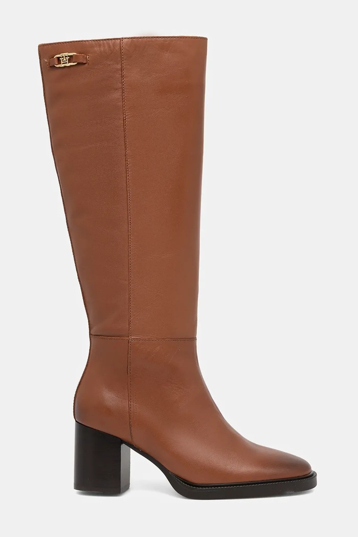 Kožené čižmy Tommy Hilfiger STACKED HEEL LEATHER LONG BOOT FW0FW08865 hnedá AW25