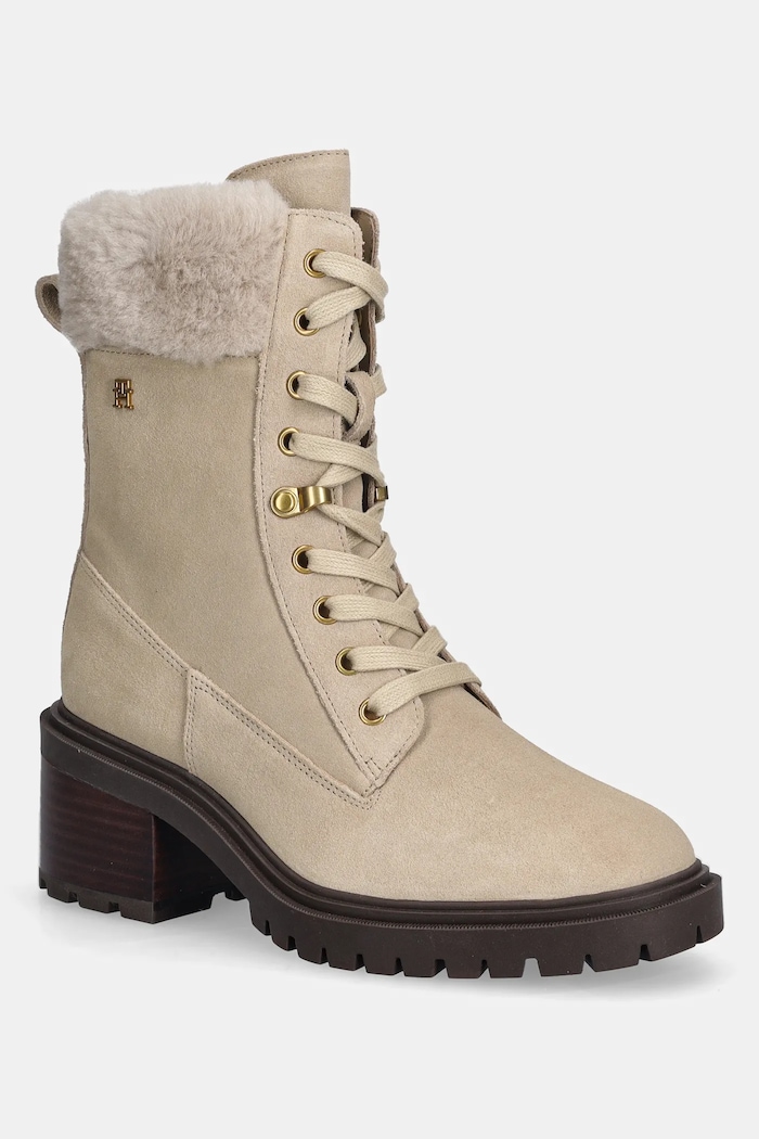 Tommy Hilfiger velúr bokacsizma TH SHEARLING LACE UP BOOT magas bézs FW0FW08999