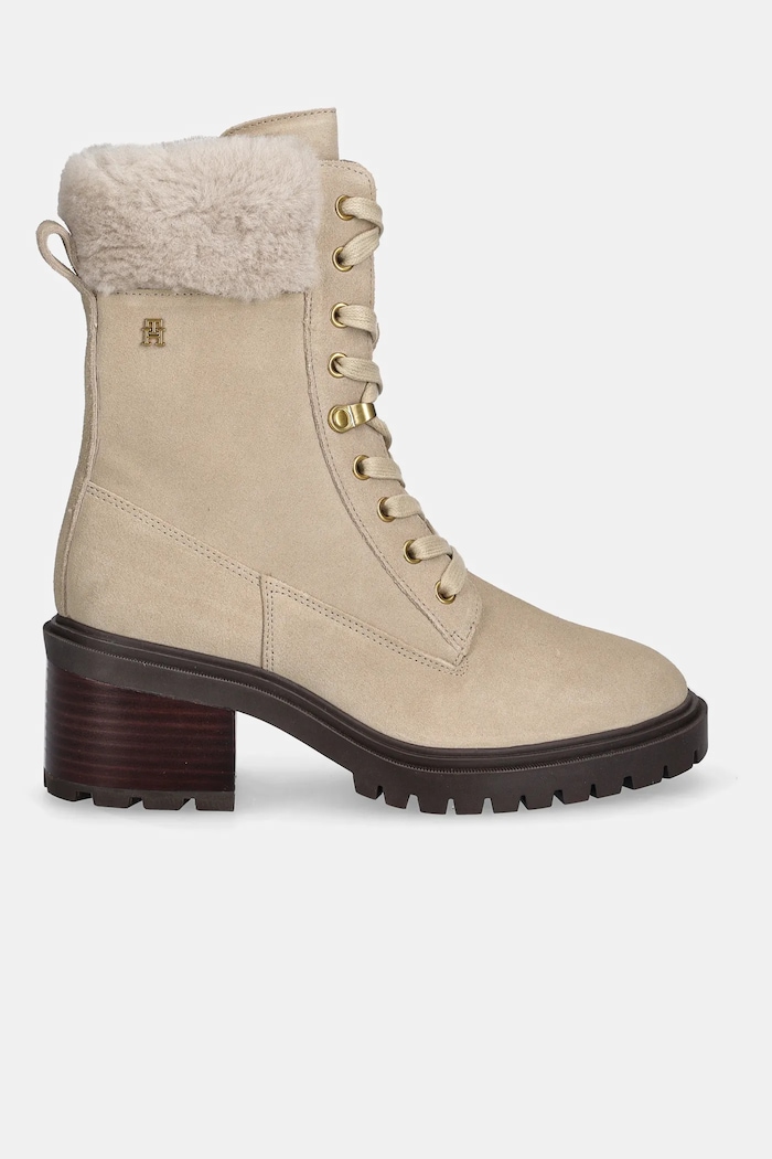 Tommy Hilfiger velúr bokacsizma TH SHEARLING LACE UP BOOT FW0FW08999 bézs NC25