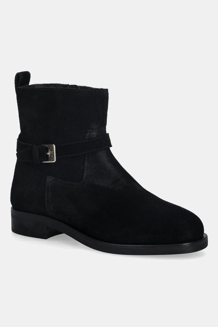 Gležnječe od brušene kože Tommy Hilfiger TH BUCKLE RIDING SUEDE BOOTIE na patentni zatvarač crna FW0FW09047