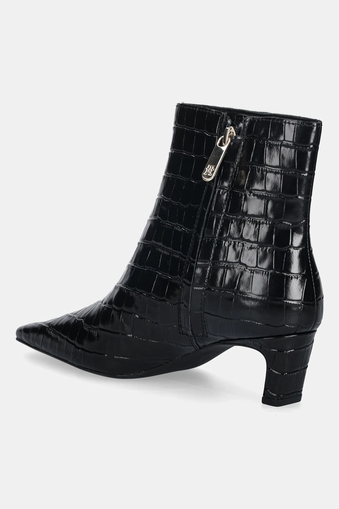 Boty Kožené kotníkové boty Tommy Hilfiger TH SQUARE TOE CROC KITTEN BOOTIE FW0FW09162 černá