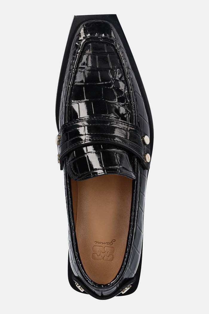 Mokasíny GANNI Studs Square Toe Loafer Shiny Croco černá S3014