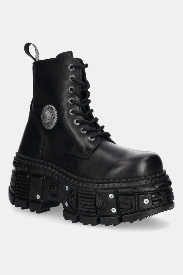 Usnjeni nizki škornji New Rock ITALI NEGRO GRUESO, TANK CASCO NEGRO TORNILLOS Ravna črna M.OVERZTANK001.C1