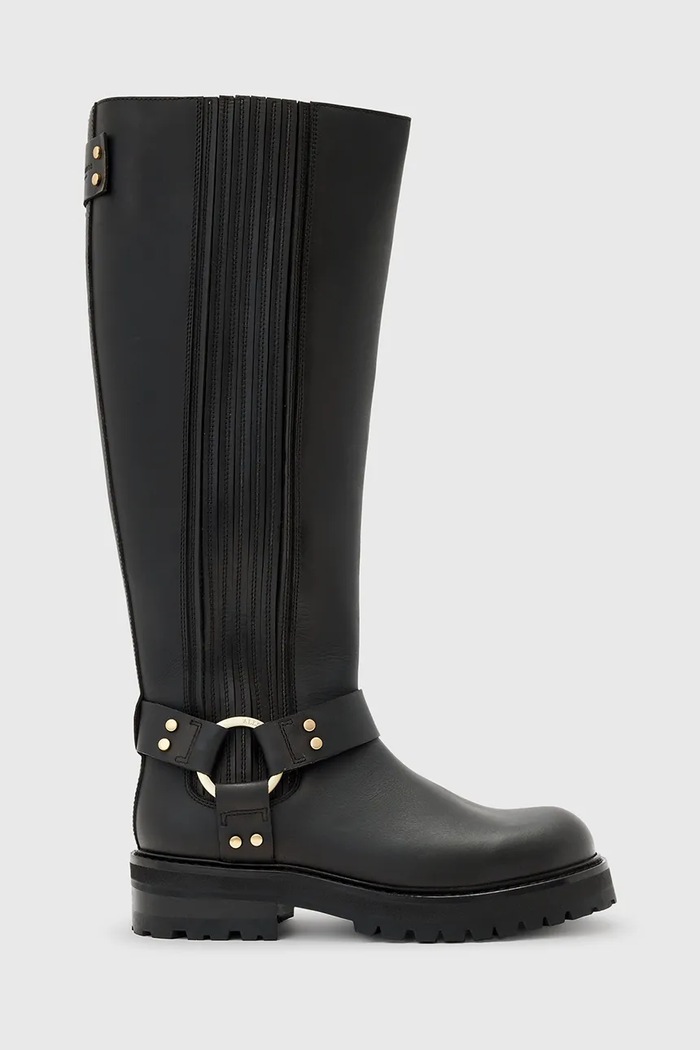 Δερμάτινες μπότες AllSaints MADDIE HIGH BOOT φλατ μαύρο W185FB