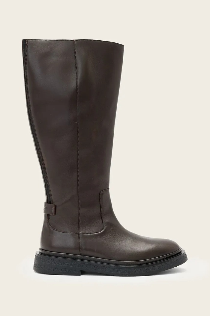 Kožené čižmy AllSaints Escher Rider Boot usňová koža hnedá W083FD