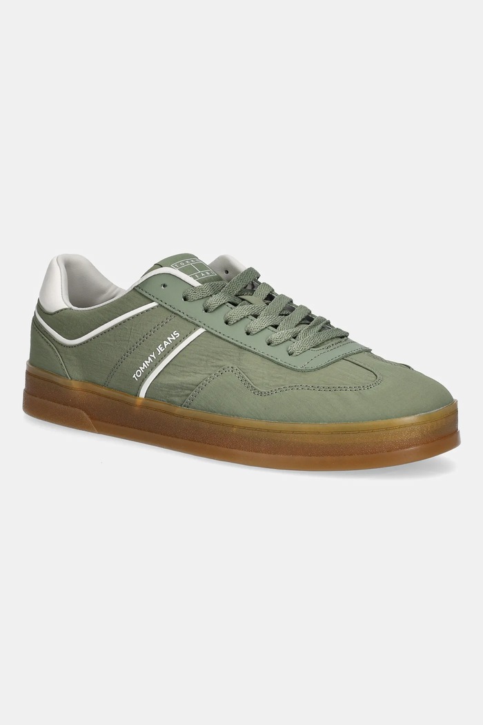 Tenisky Tommy Jeans THE GREENWICH MIX MEDIA přírodní kůže zelená EM0EM01586
