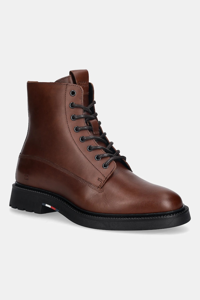 Tommy Hilfiger cizme înalte din piele HILFIGER COMFORT LWT LTH BOOT cu snur maro FM0FM05593