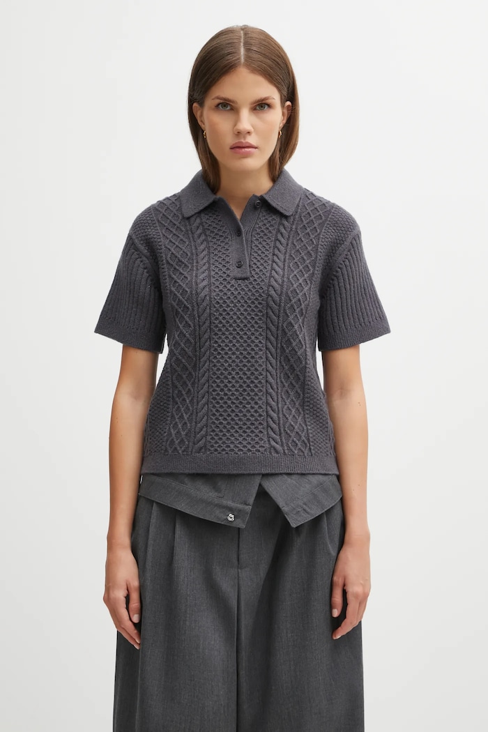 JW Anderson pulover din amestec de lână Cropped Cable Knit Polo groase gri KW1443.YN0446