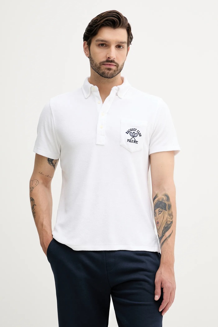 Памучна тениска с яка Polo Ralph Lauren вталена бял 710971068