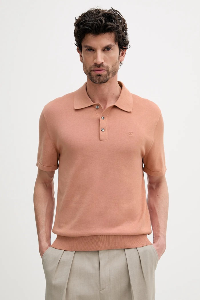 Calvin Klein πλεκτό μπλουζάκι πόλο ανδρικό βαμβακερό κανονικό πορτοκαλί LV04LC326G