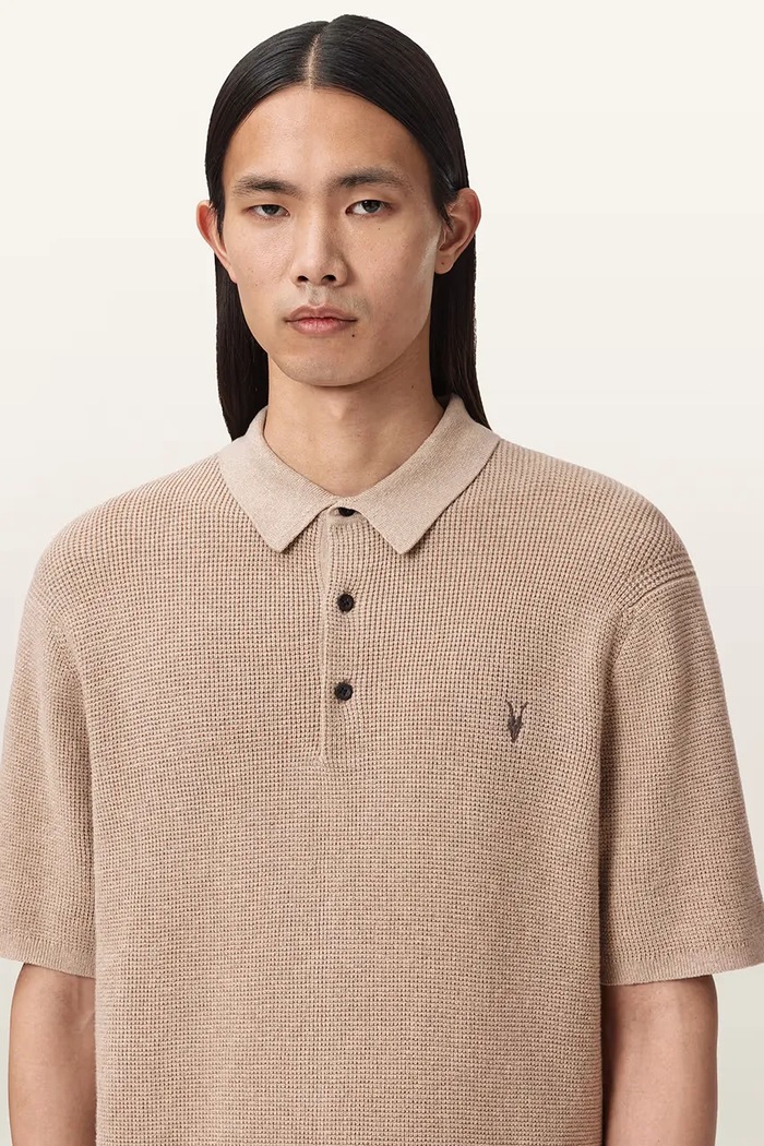AllSaints polo tričko pánske s prímesou vlny ASPEN béžová M025KA