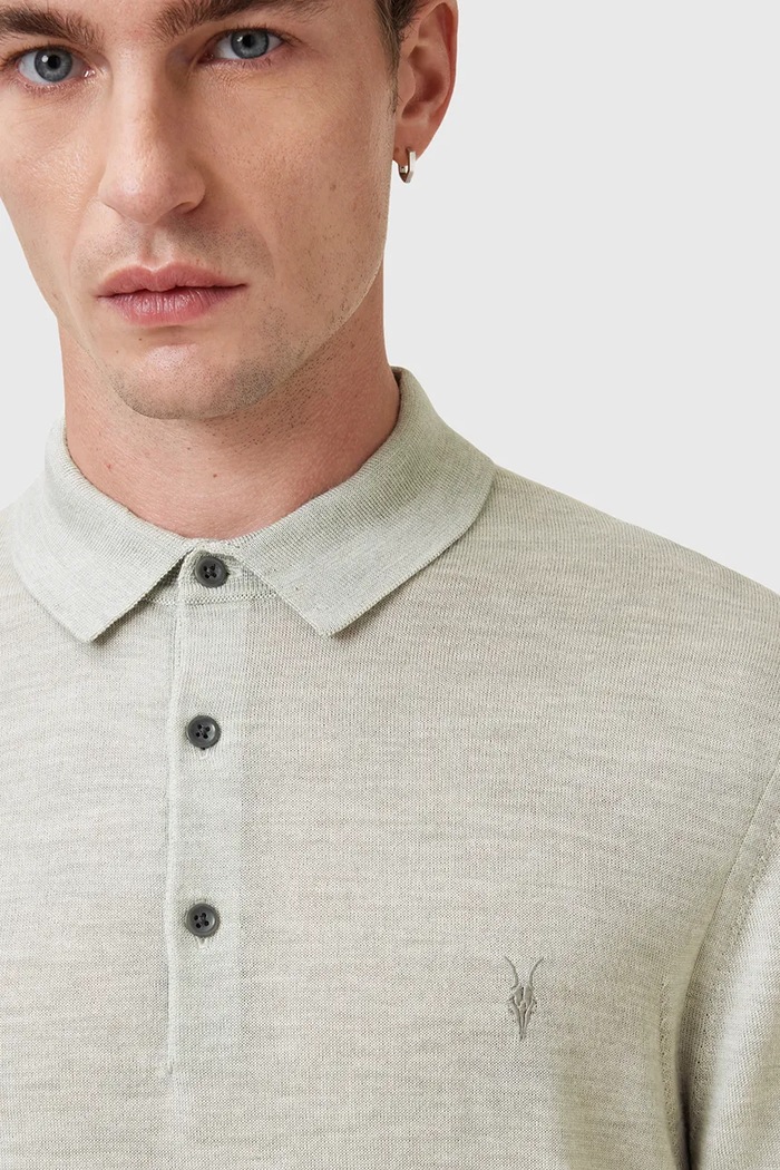 AllSaints Polo męskie wełniane MODE M086KB zielony AW25