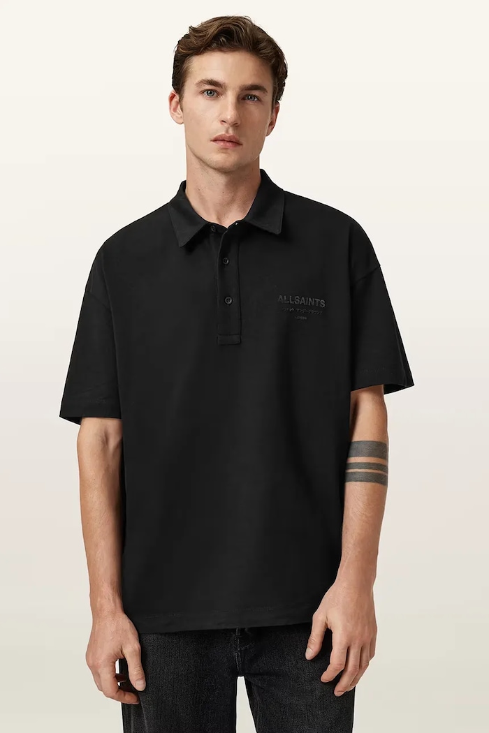 AllSaints polo de bumbac XANDER relaxed negru M071PC