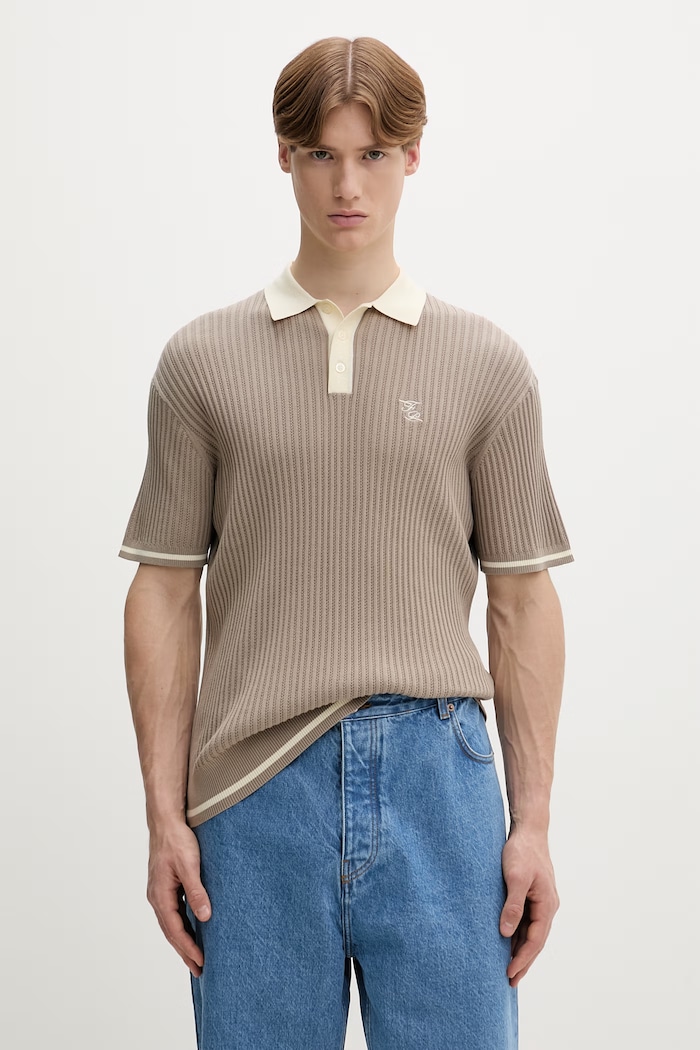 Памучна тениска с яка Filling Pieces Fine Knit Polo стандартна бежов 422570500127
