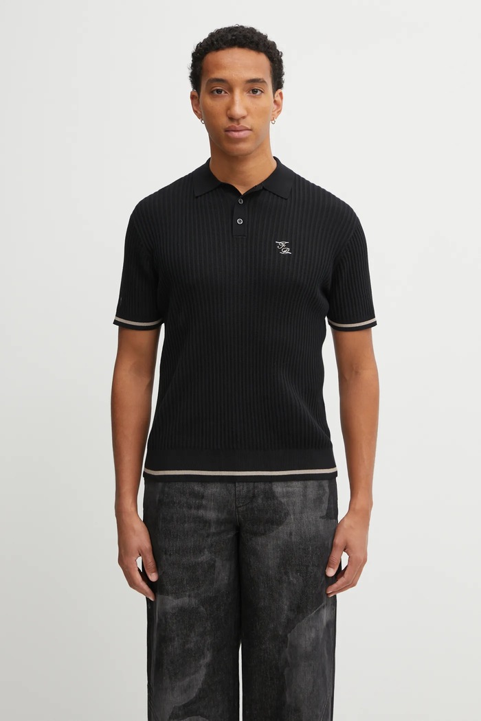 Βαμβακερό μπλουζάκι πόλο Filling Pieces Fine Knit Polo κανονικό μαύρο 422570500127