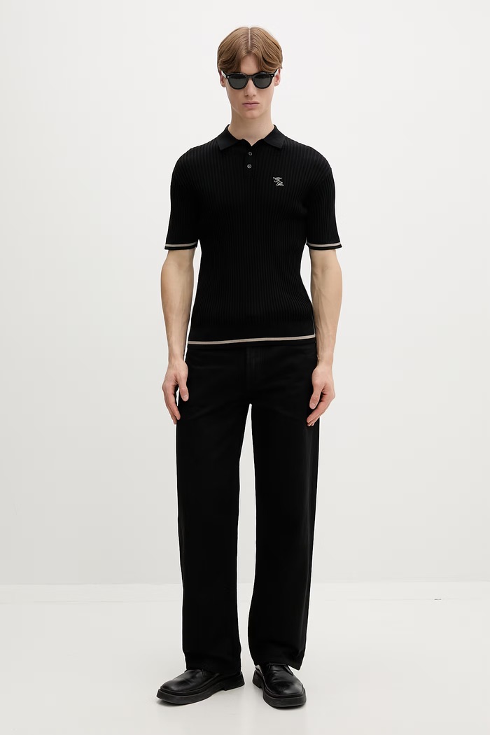 Памучна тениска с яка Filling Pieces Fine Knit Polo 422570500127 черен AW25