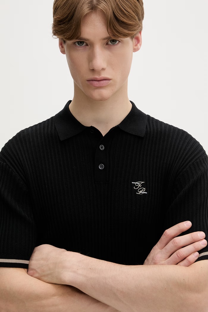 Памучна тениска с яка Filling Pieces Fine Knit Polo черен 422570500127