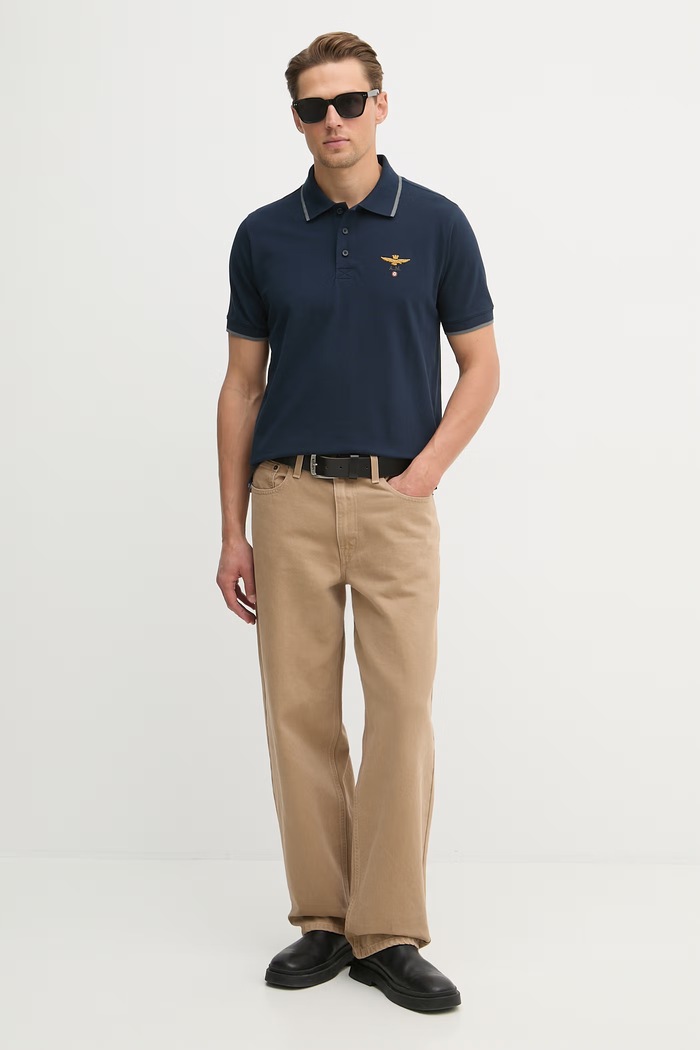 Aeronautica Militare polo męskie bawełniane PO1308UP00082 granatowy SS26