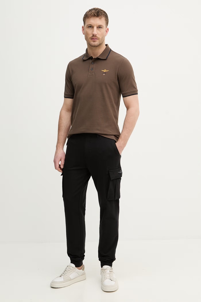 Aeronautica Militare polo bărbați din bumbac PO1308UP00082 maro SS26