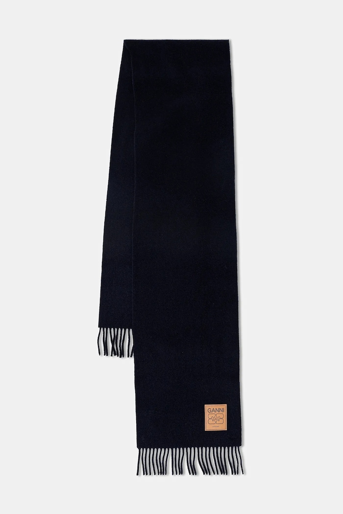 GANNI szalik wełniany Double Face Wool Solid dzianina granatowy A6931