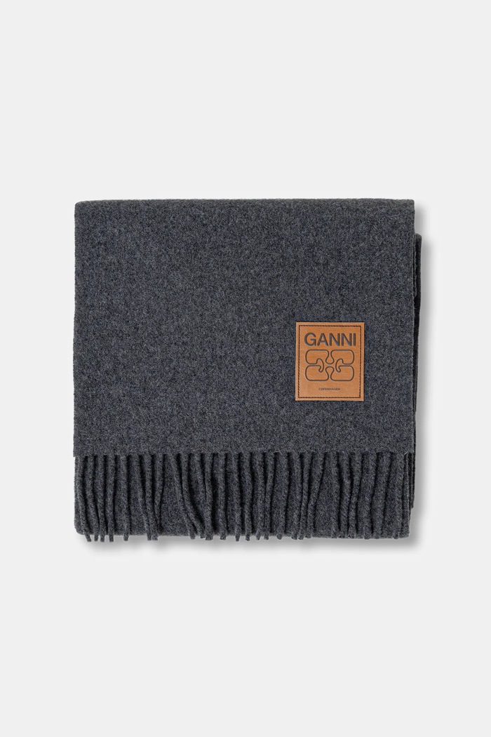GANNI szalik wełniany Double Face Wool Solid A6932 szary AW25