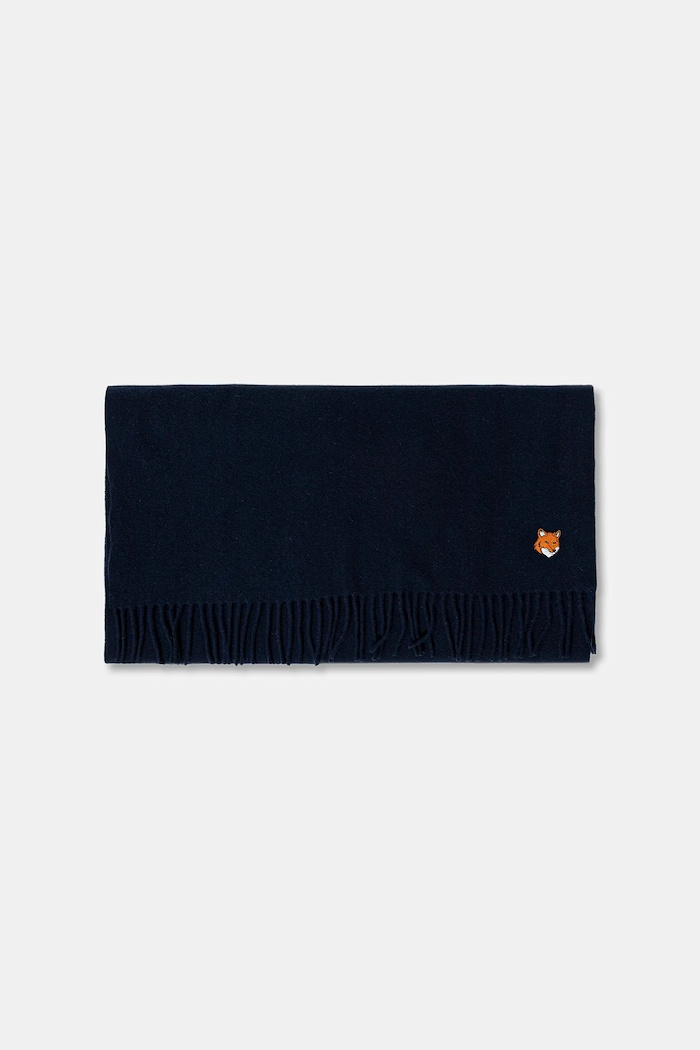 Vlnený šál Maison Kitsuné Fox Head PM06201WB0044 tmavomodrá AW25