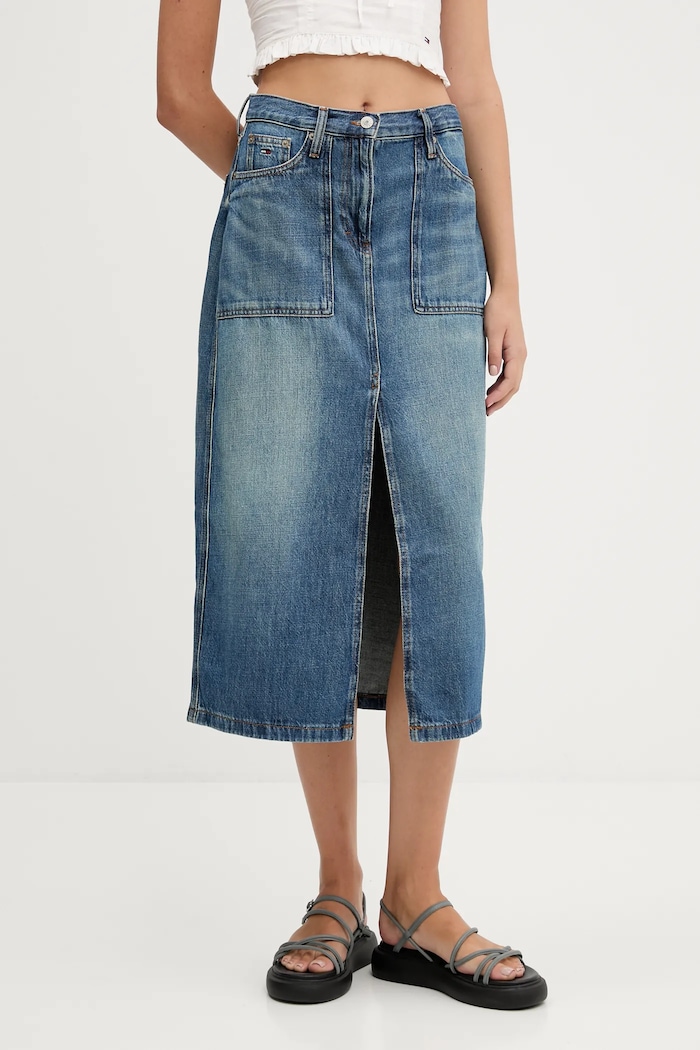 Tommy Jeans fustă jeans uni albastru DW0DW21070