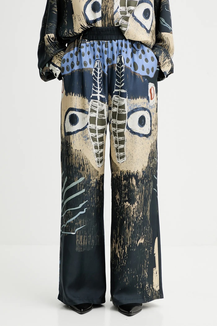 MUNTHE pantaloni de mătase ARUM drept bleumarin 253140025318