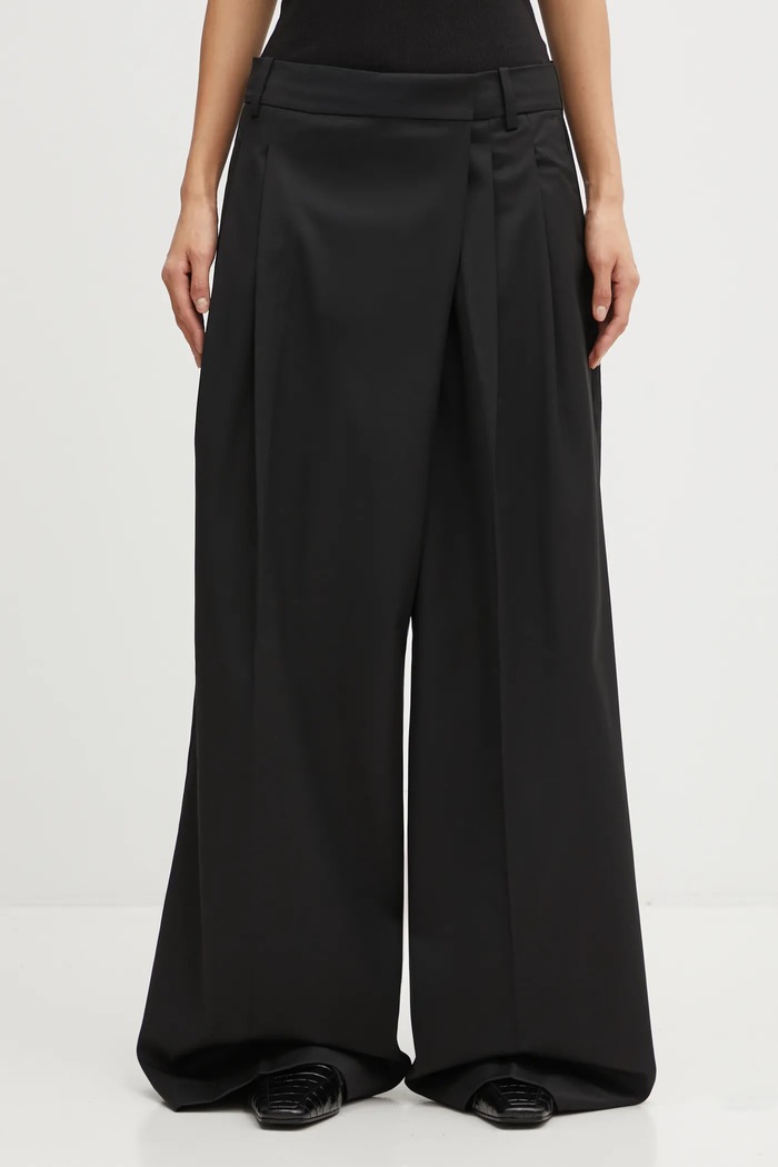 Kalhoty s příměsí vlny GANNI Calendered Wool Mid Waist jednoduchý černá W0799