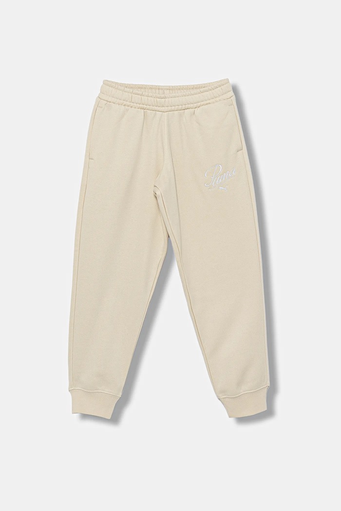Puma pantaloni de trening pentru copii ESS SCRIPT Sweatpants FL G tricotaj bej 688729
