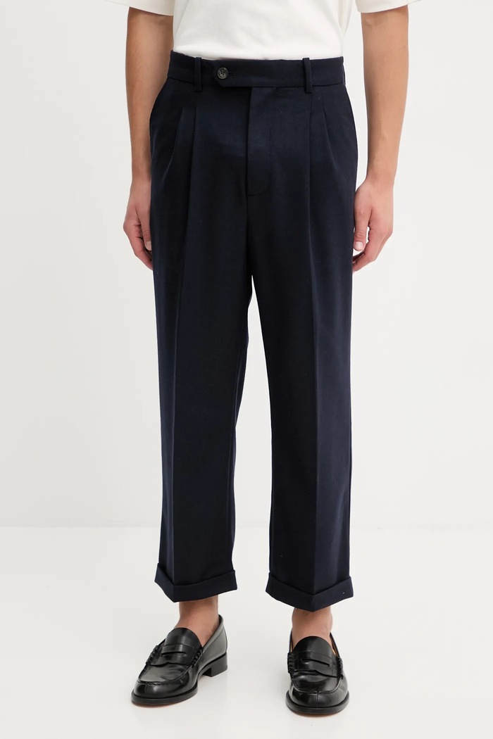 Панталон с вълна Drôle de Monsieur Le Pantalon Plis Cropped еластичен тъмносин I.BP192.WV008