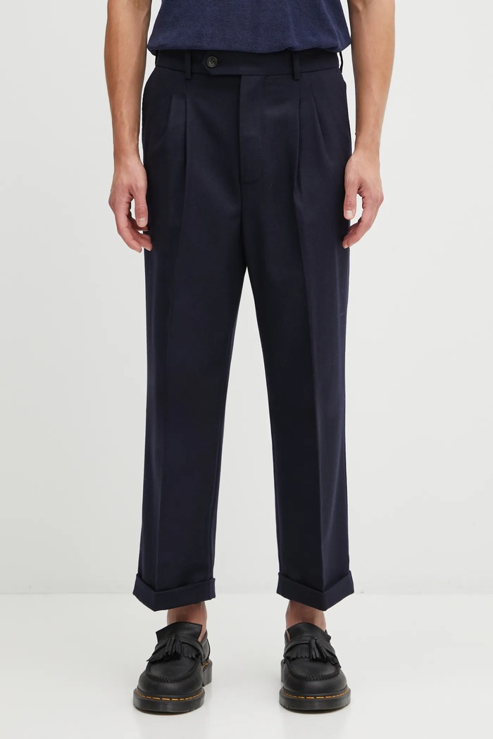 Hlače s dodatkom vune Drôle de Monsieur Le Pantalon Plis Cropped ravni mornarsko plava I.BP192.WV008