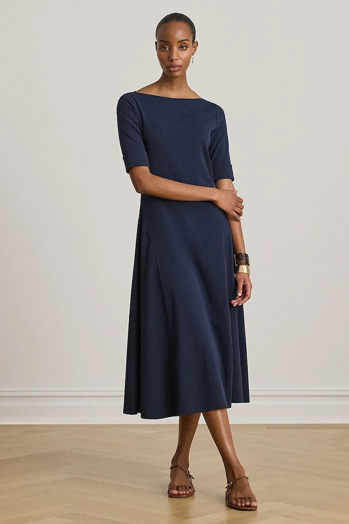Lauren Ralph Lauren sukienka rozkloszowana z bawełną granatowy 200973599