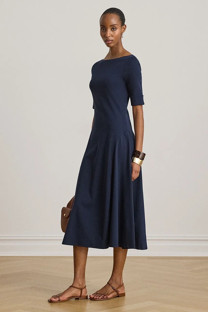 Lauren Ralph Lauren sukienka rozkloszowana z bawełną 200973599 granatowy