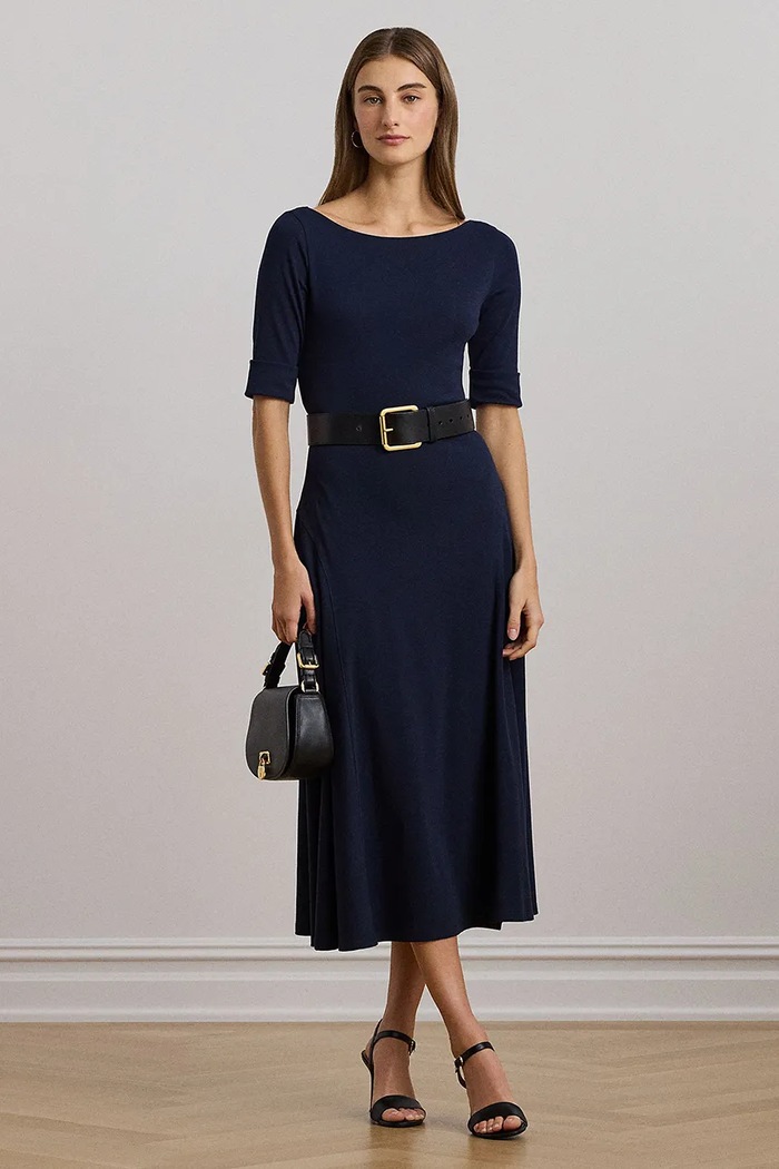 Lauren Ralph Lauren kiszélesedő ruha pamuttal háromnegyedes sötétkék 200973599