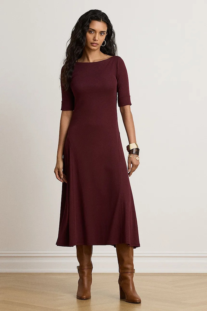 Lauren Ralph Lauren Sukienka rozkloszowana z bawełną bordowy 200973599